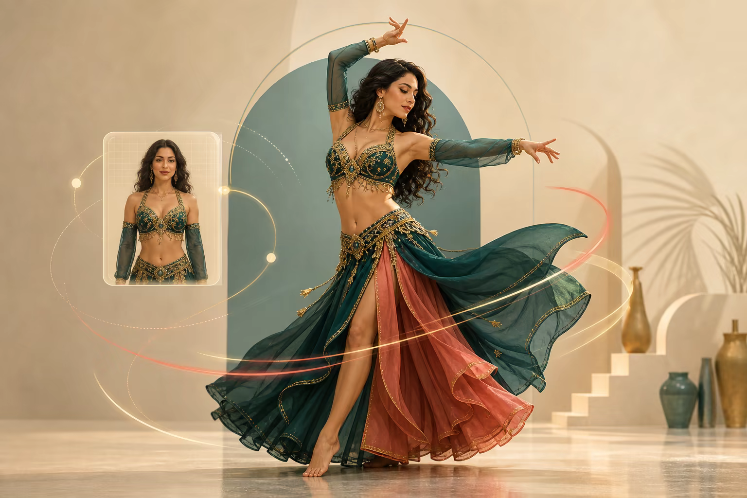 Full-body or three-quarter belly-dance framing